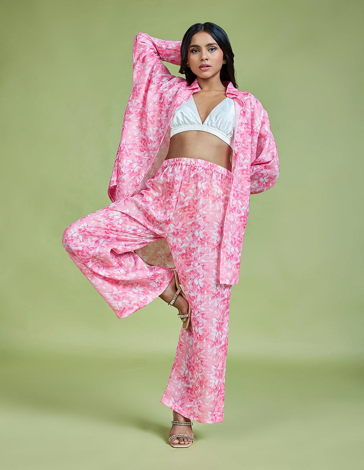 Pink Cotton Linen Floral Printed Palazzo Pants - QUERATED