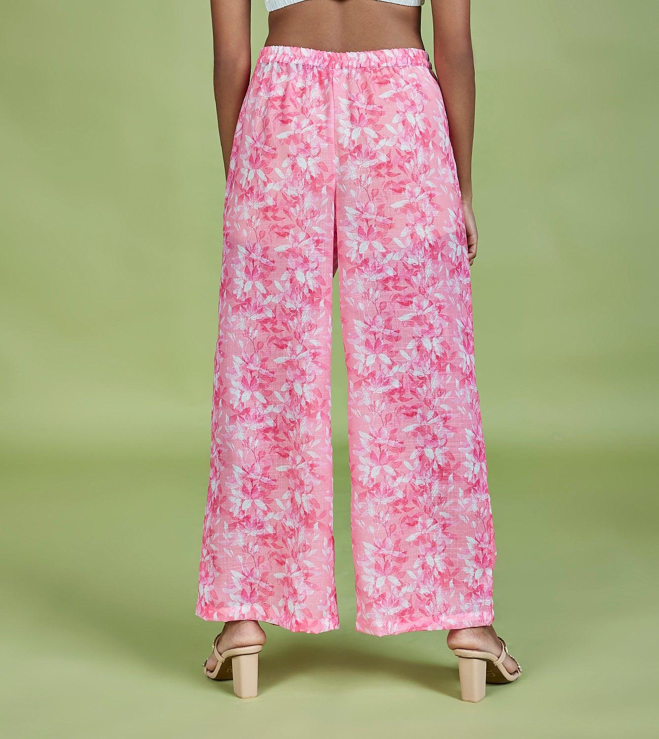 Pink Cotton Linen Floral Printed Palazzo Pants - QUERATED