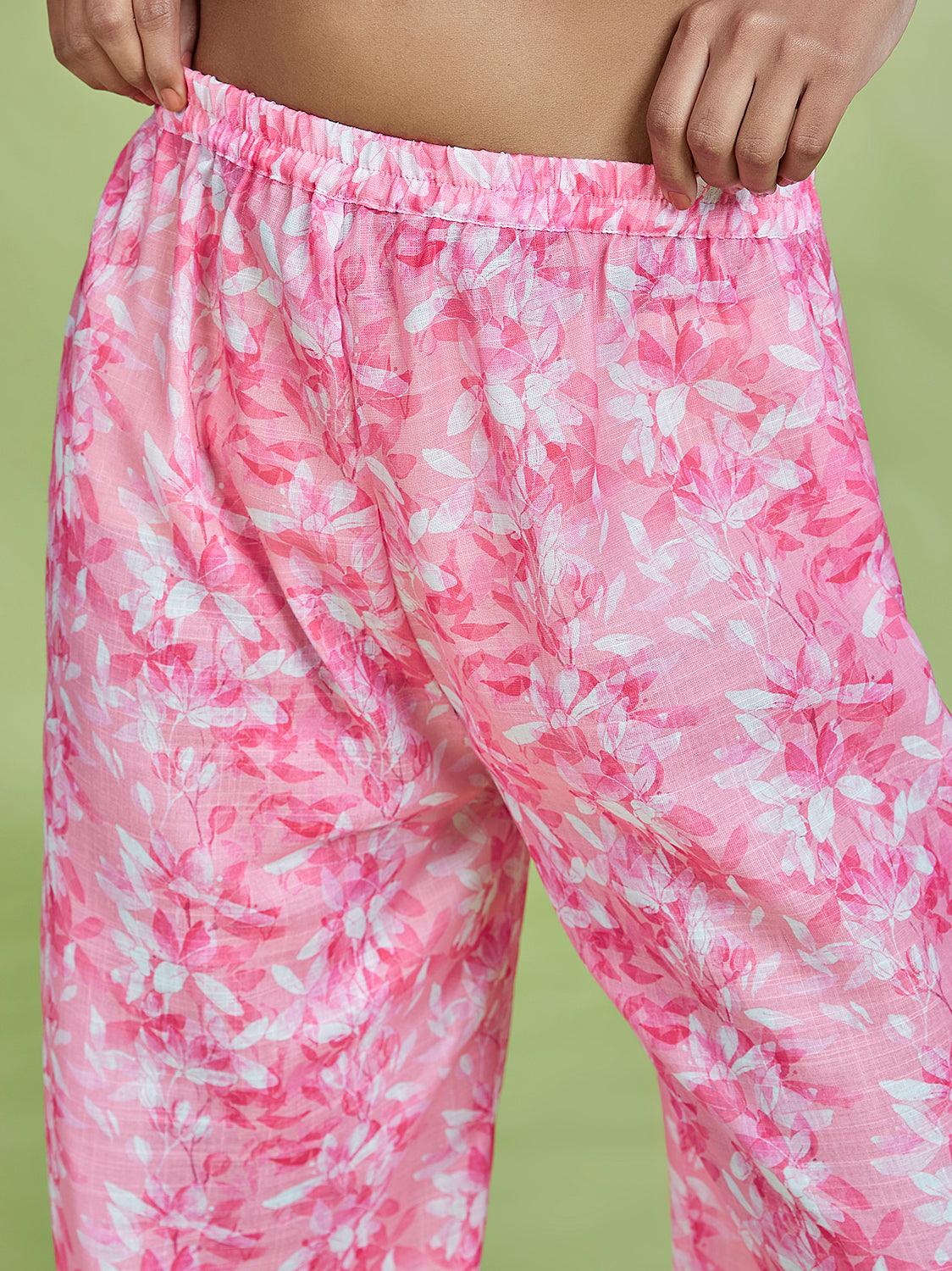 Pink Cotton Linen Floral Printed Palazzo Pants - QUERATED