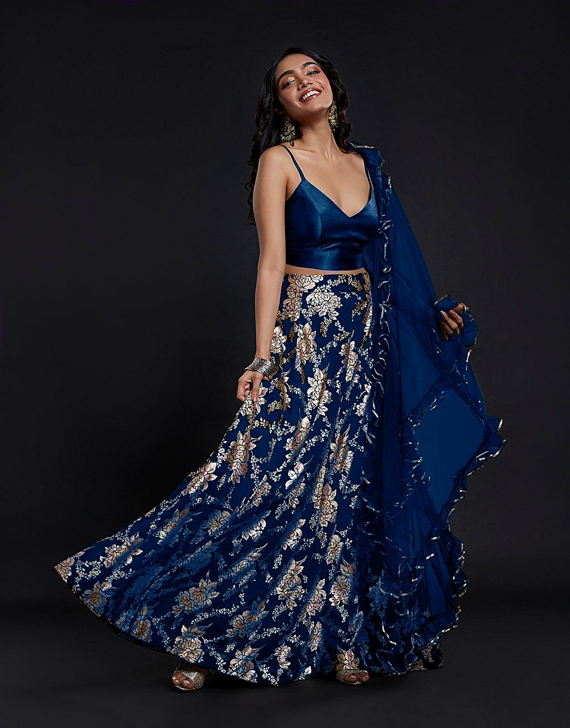 Navy Strappy Vark Lehenga Set - QUERATED